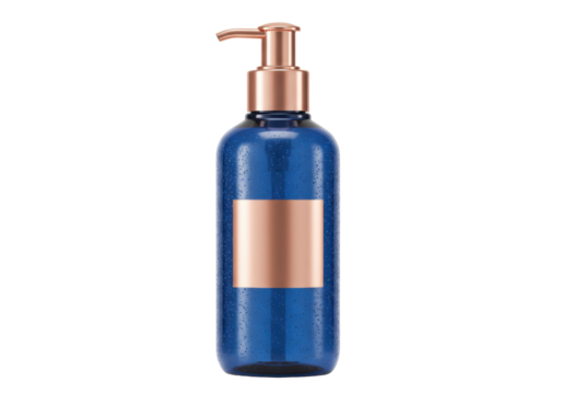 Blue bottle with pump isolated on transparent background, cosmetic container for lotion or soap mockup PNG - Powered by Adobe