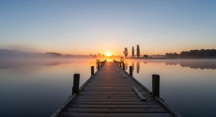 Fototapeta premium A wooden pier stretching over a calm misty lake at sunrise