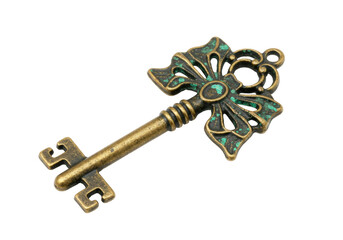 Ornate antique skeleton key isolated on transparent background, vintage bronze metal key for decoration and design use