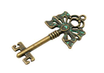 Ornate antique skeleton key isolated on transparent background, vintage bronze metal key for decoration and design use