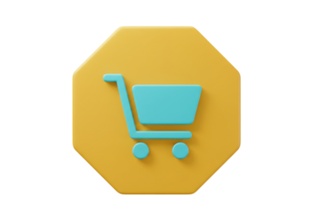 Teal shopping cart on yellow octagon isolated PNG, e-commerce icon for online retail and digital marketing