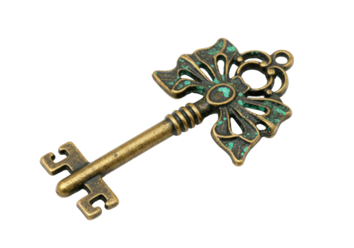 Ornate antique skeleton key isolated on transparent background, vintage bronze metal key for decoration and design use
