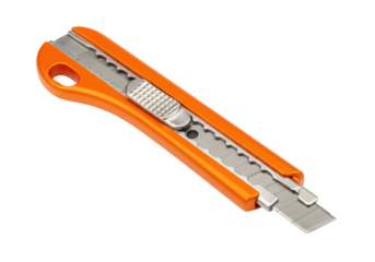 Orange utility knife isolated on white, retractable blade cutter for construction and DIY projects