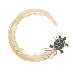 正月亀の和風縁起物フレーム枠　長寿　年賀状素材　金色　筆線　