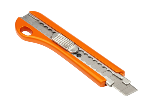 Orange utility knife isolated on white, retractable blade cutter for construction and DIY projects - Powered by Adobe