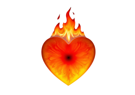 Fiery heart PNG isolated on transparent background, burning love symbol for Valentine s Day and passionate emotions