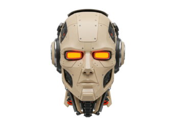 Detailed humanoid robot head isolated PNG, futuristic cyborg with glowing red eyes on transparent background, artificial intelligence concept