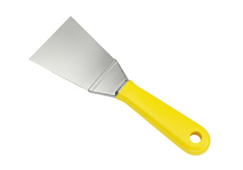 Metal spatula with yellow handle isolated on transparent background, kitchen utensil for cooking...