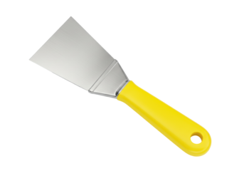 Metal spatula with yellow handle isolated on transparent background, kitchen utensil for cooking and baking food preparation