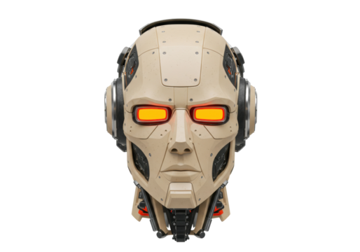 Detailed humanoid robot head isolated PNG, futuristic cyborg with glowing red eyes on transparent background, artificial intelligence concept