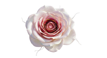 Close-up of a delicate pink rose with water droplets and swirling center