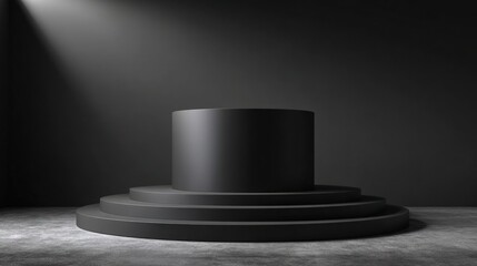 3D black cylinder podium with angled dark background for product display in a luxury Black Friday sale scene