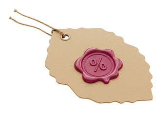 Leaf-shaped brown paper tag with red percentage wax seal isolated, vintage style price tag for...
