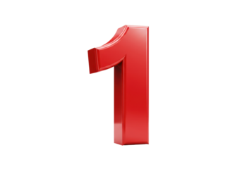 Shiny red number one isolated PNG, 3D rendering of numeral 1 on transparent background for graphic design and educational use