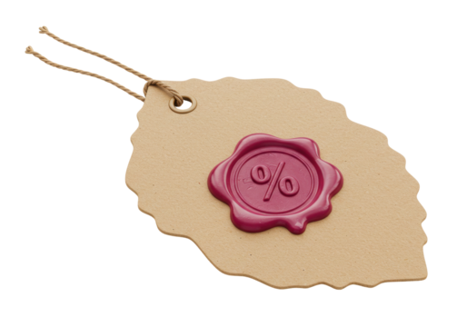 Leaf-shaped brown paper tag with red percentage wax seal isolated, vintage style price tag for retail and discount promotions