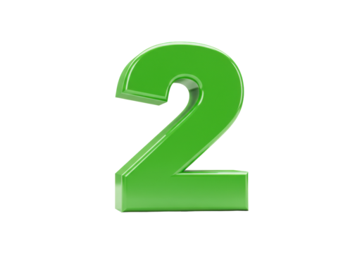 Green number two isolated PNG, 3D rendering of numeral 2 on transparent background for graphic design and educational resources