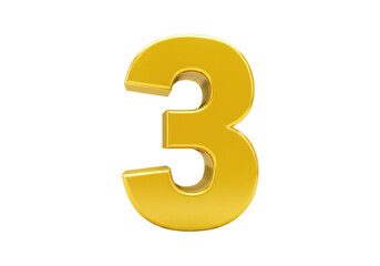 Golden number 3 isolated on transparent background, three dimensional rendering in gold color for...
