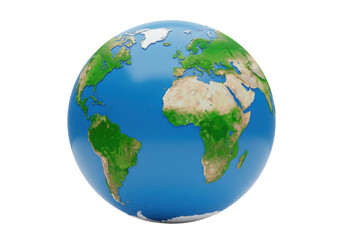 Earth globe isolated, showing continents and oceans, 3D rendering, planet model for geography, science, and education, PNG