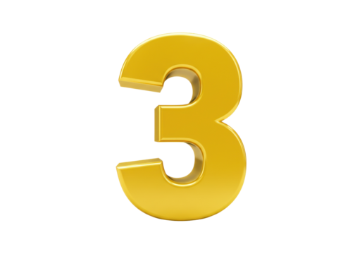 Golden number 3 isolated on transparent background, three dimensional rendering in gold color for graphic design and decoration