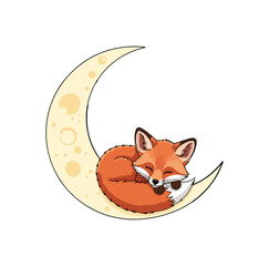 Cute baby fox sleeping on crescent moon, dreamy vector t-shirt illustration, whimsical pastel design