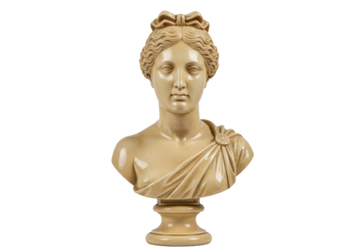 Antique bust of a woman isolated on transparent background, beige sculpture of a female figure with draped clothing and a bow in her hair