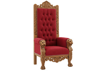 Ornate red velvet throne chair isolated, royal furniture with lion head armrests for luxury interior design and historical reenactment