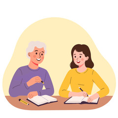 Obraz premium Elderly Man Tutoring Student. Senior Teacher Helping Young Learner. Older Mentor Teaching Education Concept. Elderly Knowledge Sharing Generations. Elderly set