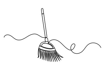 Broom continuous one line drawing minimalist outline vector icon on white background illustration