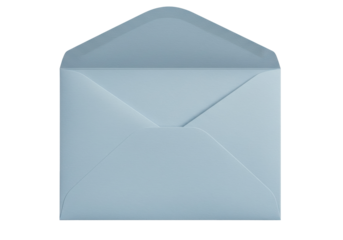 Light blue square envelope isolated on white, blank stationery for invitations and greetings in PNG format