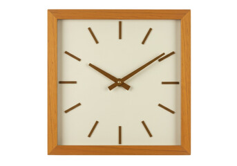 Square wooden wall clock isolated on white, minimalist design with brown hands and markers, timekeeping device for home decor