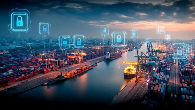 A stunning shot of a harbor at night with data security icons, symbolizing secure logistics and data protection in global trade. The cityscape glows with lights against the twilight sky.