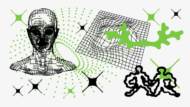 Vector Graphic Assets Set. Shapes in Y2k style, Futuristic, Brutalist, Anti-design