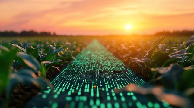 Futuristic view of a green crop field with digital patterns under a glowing sunset sky