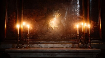 Radiant golden sacred emblem glowing intensely above a ceremonial altar surrounded by the soft light of flickering candles