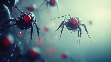 Robotic creatures with glowing red cores moving through a dark environment filled with smaller spheres