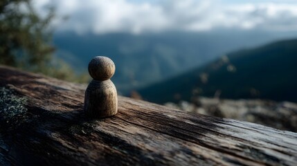 A solitary wooden peg doll stands on a weathered log overlooking a misty mountain landscape
