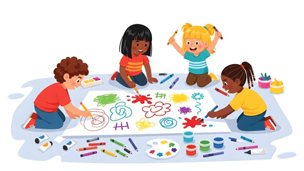 Creative Childhood Diverse Kids Collaborate on Colorful Art Project Together