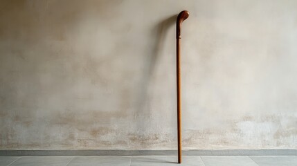 Elegant wooden cane leaning against a textured wall in a calm indoor space with soft lighting and minimal decor