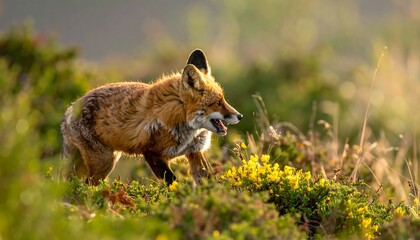 An alert, reddish-brown fox walks through a field of vibrant, yellow wildflowers and green foliage in natural light. The animal has its mouth open