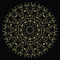 Golden Ornamental Element Design Round Decoration Illustration on Black Backdrop