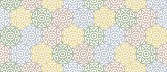 Vector seamless pattern with moroccan, islamic motifs. Geometric arabesque texture with colorful floral shapes, stars, circles. Elegant pastel background for textile, wallpaper, decor, print, package
