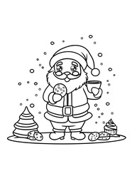 Sweet Christmas Party Cute Santa Enjoying Cookies and Milk Before Christmas Night – Vector Coloring Page for Kids and Adults 