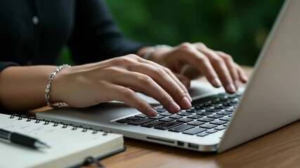Closeup of a womans hands typing on a laptop keyboard - Powered by Adobe