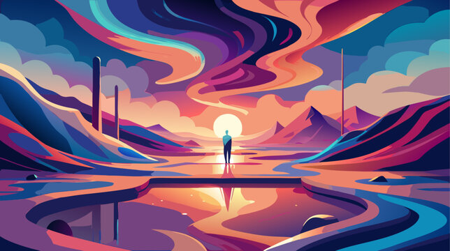 Person standing in colorful landscape at sunset time