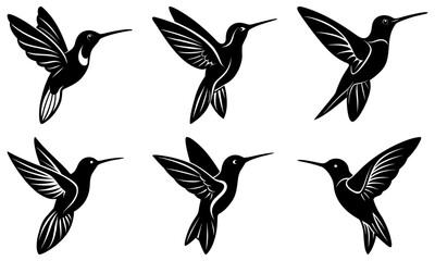 Fototapeta premium Stunning black hummingbird silhouettes in various dynamic poses, perfect for elegant branding and artistic designs