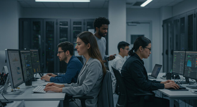 Data science team working on computers in a server room for cybersecurity and network monitoring analysis