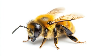 Close-up of a honey bee displaying intricate features and vibrant colors in a bright setting