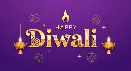 Golden happy diwali text with decorative lamps and fireworks on a purple background celebrating the hindu festival of lights and new beginnings this year
