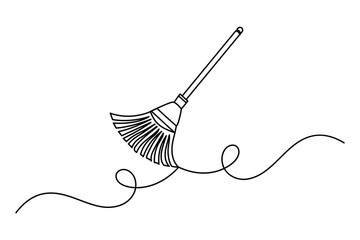 Broom continuous one line drawing minimalist outline vector icon on white background illustration