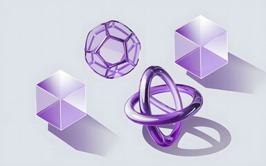 Isolated Purple Glass Geometric Shapes Transparent Background On Pedestals Art